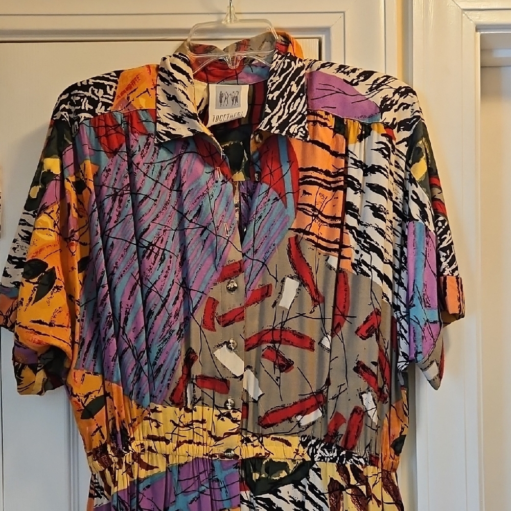 VINTAGE  90S TOGETHER MULTI COLOR BUTTON DOWN  MAXI DRESS - Picture 2 of 9